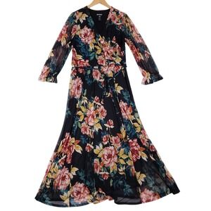 Elie & Emie Floral‎ Mesh Wrap Maxi Dress 16W Black